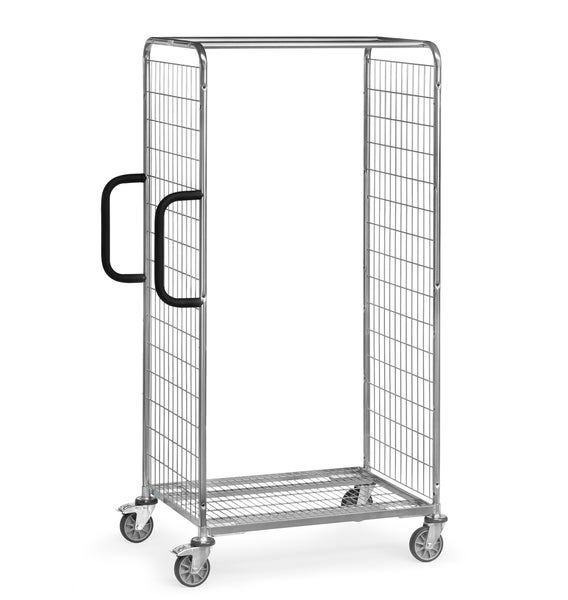 Rollcontainer aus Metall mit Gitterstruktur und Griffen