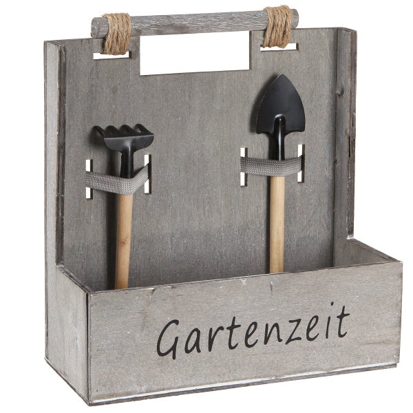 Dekorative Holzkiste mit Aufschrift Gartenzeit und Gartengeräten