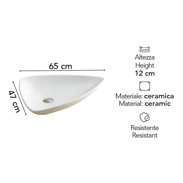 Asymmetrisches Aufsatzwaschbecken aus Keramik, 65 Zentimeter mal 47 Zentimeter, Höhe 12 Zentimeter, widerstandsfähig.