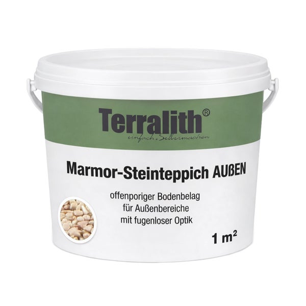 Terralith Marmor-Steinteppich für außen, offenporiger Bodenbelag im Eimer für ein Quadratmeter.