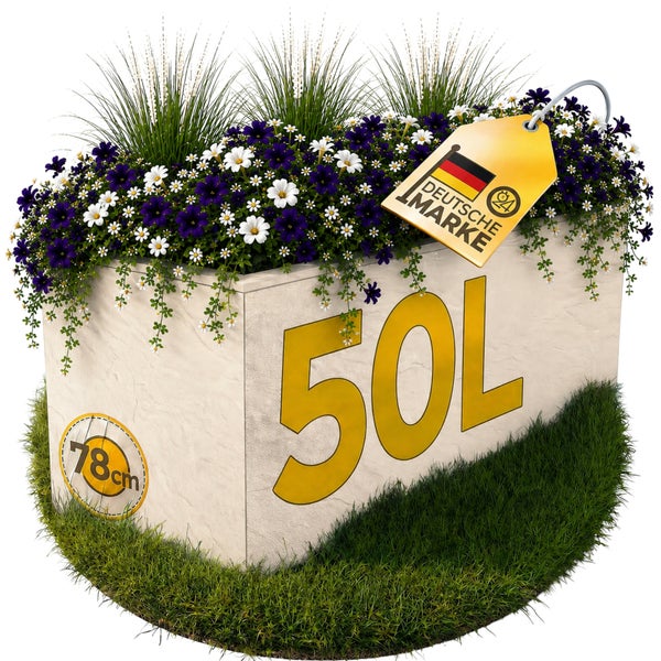 Rechteckiger Pflanzkübel mit 50 Liter Fassungsvermögen, 78 Zentimeter breit, bepflanzt mit blau-weißen Blumen und Gräsern, deutsche Marke.