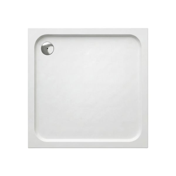 Quadratische Duschwanne in Weiß mit Eckablauf und runder Metallabdeckung.