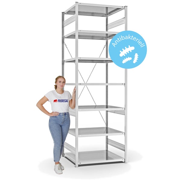 PROREGAL Antibakterielles Fachbodenregal Stecksystem T-Profil HxBxT 300 x 100 x 80 cm 7 Ebenen Traglast 130 kg Antibakterielle Beschichtung Weiß
