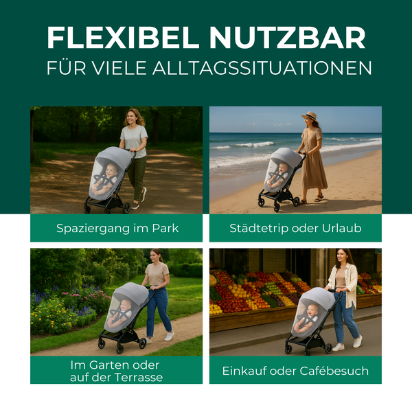 Vier Anwendungsbeispiele für einen Kinderwagen mit Sonnenschutz bei Spaziergängen im Park, im Urlaub, im Garten und beim Einkaufen.