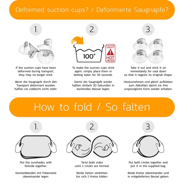 Anleitung für Auto-Sonnenschutz: Verformte Saugnäpfe in kochendem Wasser regenerieren und den Sonnenschutz in drei Schritten platzsparend falten.