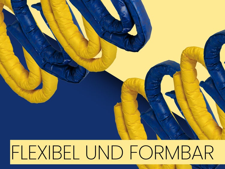 Blaue und gelbe biegsame Polsterschläuche. Text: Flexibel und formbar.