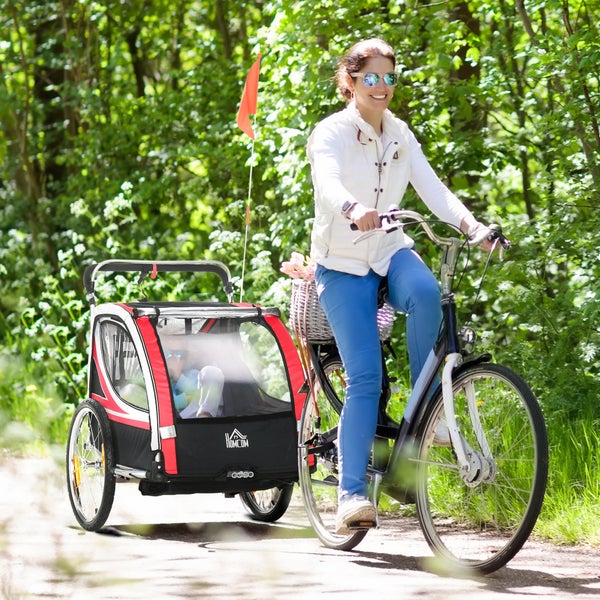 HOMCOM 2 in 1 Kinderanhänger klappbar Fahrradanhänger mit abnehmbarem Vorderrad, Hinterradbremsen, Kinderfahrradanhänger für 2 Kinder ab 18 Monate, bis 26,4 kg belastbar, Rot