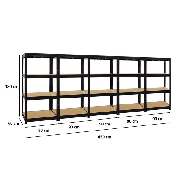 PROREGAL Mega Deal 5er-Sparset Profi-Schwerlastregal DINO HxBxT 180x90x60cm Fachlast 600kg Schwarz