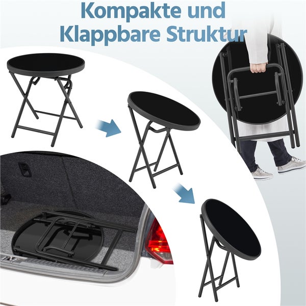 Schwarzer runder Klapptisch aus Metall, Darstellung der kompakten klappbaren Struktur und Lagerung im Kofferraum.