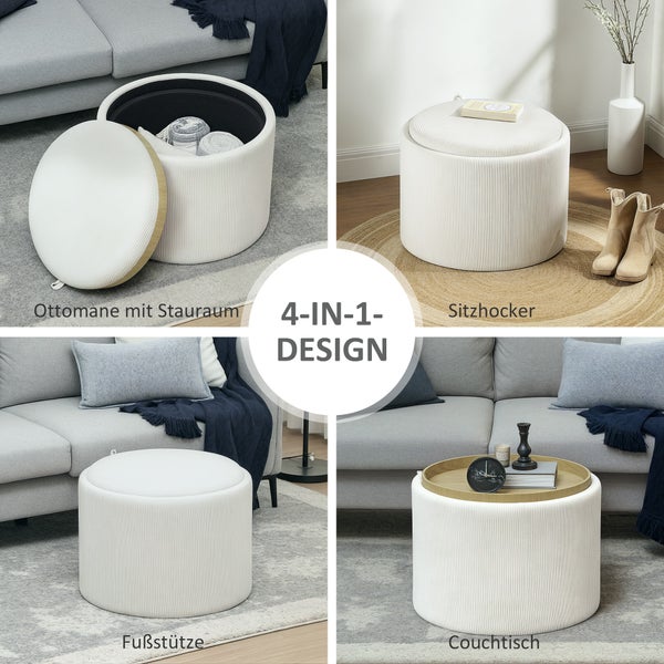 HOMCOM Sitzhocker mit Stauraum Hocker mit Deckel, Runder Fußhocker Polsterhocker Couchtisch mit Cord-Optik 56 x 56 x 42 cm Cremeweiß