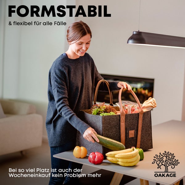 OAKAGE® SinglePack Dunkelgrau Holzkorb und Filzshopper - Dein Alltagsbegleiter - 50x32x30cm