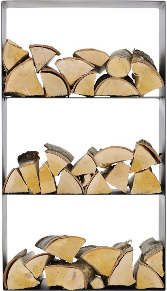 Brennholzregal aus Metall mit Holzscheiten