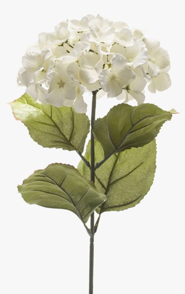 Detailansicht eines grünen Blattes und weißer Blüten einer künstlichen Pflanze.