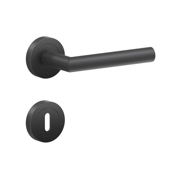 Türdrücker-Garnitur mit Rundrosette und Schlüsselloch-Rosette aus Metall in Schwarz.