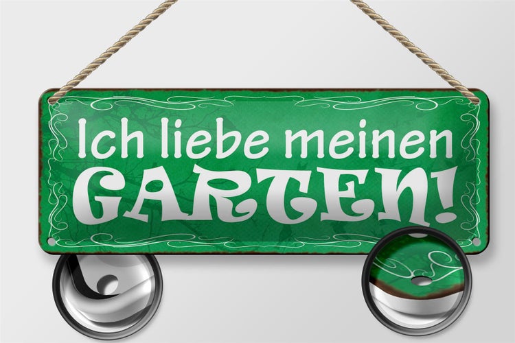 Blechschild Spruch 27x10cm ich liebe meinen Garten grünes Schild