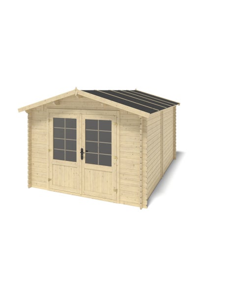 Gartenhaus aus Holz mit Satteldach und einer Doppeltür mit Sprossenfenstern.