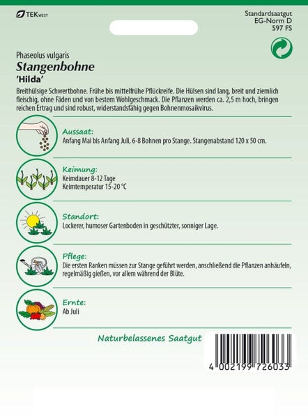 Samenpackung Stangenbohne Hilda mit Informationen zu Aussaat, Keimung, Standort, Pflege und Ernte