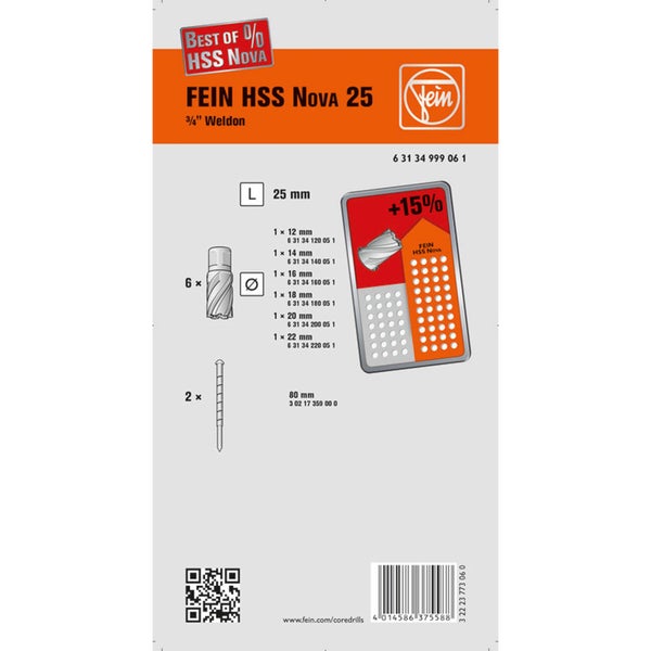 Fein HSS Nova 25 Kernbohrer Set, 3/4 Zoll Weldon Aufnahme