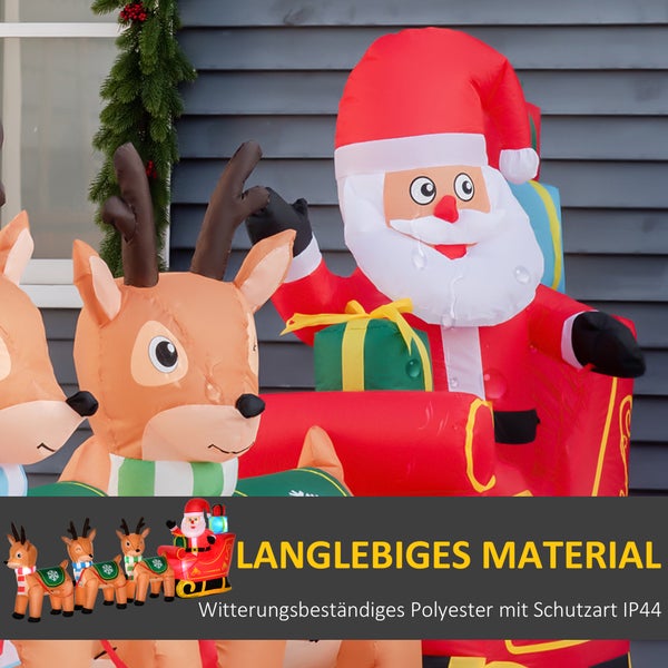 HOMCOM Aufblasbarer Weihnachtsmann auf Schlitten, mit 3 Hirschen, wetterfest, 319 x 59 x 132 cm, Polyester, Braun+Rot+Grün