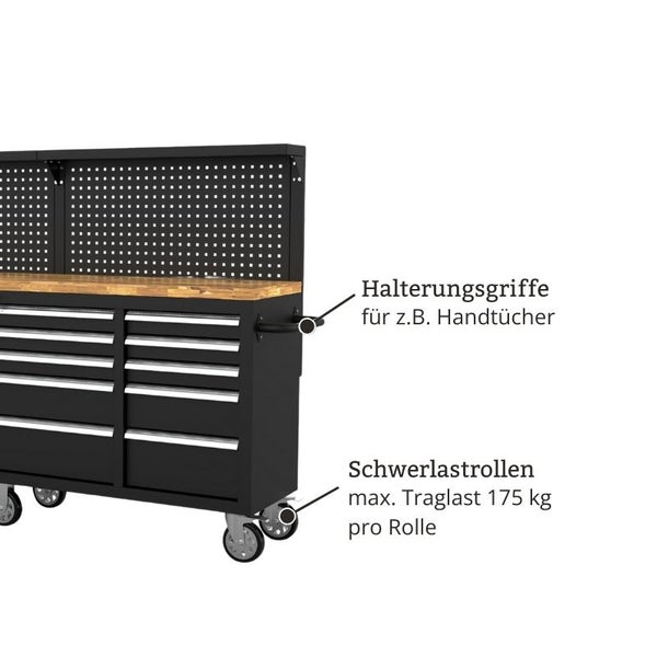 Werkbank mit Schubladen, Halterungsgriffen und Schwerlastrollen
