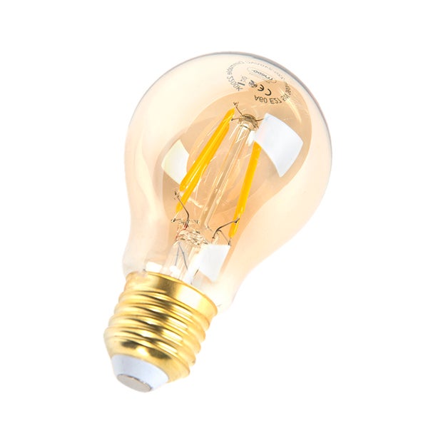 LED-Filament-Leuchtmittel in Birnenform mit E27-Sockel, goldfarbenem Glas und sichtbaren gelben Leuchtfäden.