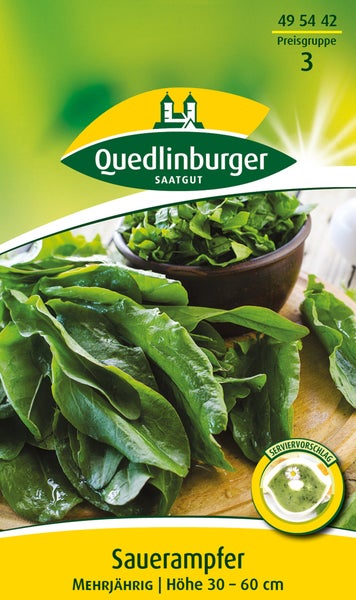 Quedlinburger Saatgut Logo. Samentüte für Sauerampfer. Mehrjährig, Wuchshöhe 30 bis 60 Zentimeter. Abbildung zeigt frische Blätter.