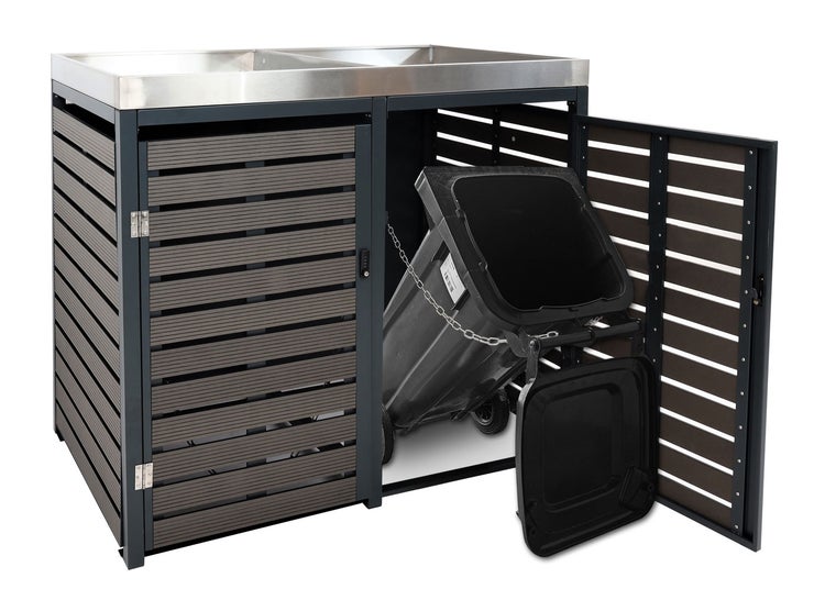 Mülltonnenbox mit zwei Türen, einer Mülltonne und einem Edelstahldeckel