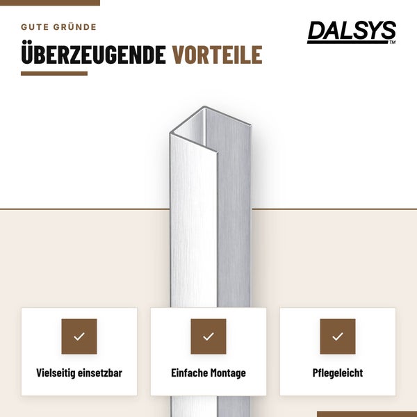 Dalsys Fliesenprofil als U Profil aus Metall zur Kantenabdeckung mit Vorteilen wie Vielseitigkeit, einfacher Montage und Pflegeleichtigkeit