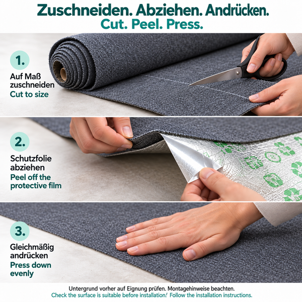 Anleitung zur Installation einer selbstklebenden Unterlage mit drei Schritten: zuschneiden, Schutzfolie abziehen und gleichmäßig andrücken.