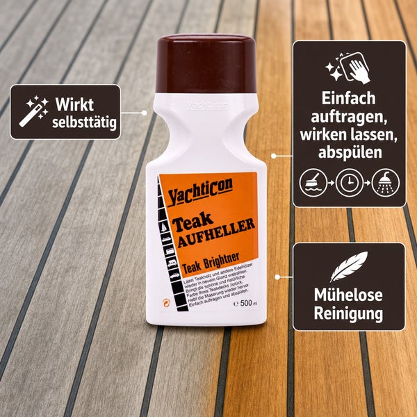 Yachticon Teak Aufheller zur Reinigung und Pflege von Teakholz auf Holzdeck mit Anwendungsanleitung und Vorteilen in fünfhundert Milliliter Flasche.