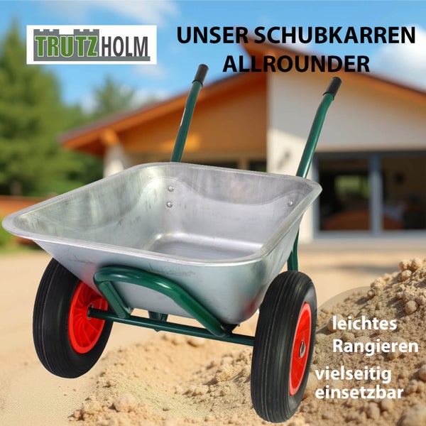 TrutzHolm Logo. Schubkarre mit Stahlwanne und zwei Rädern auf Sandhaufen
