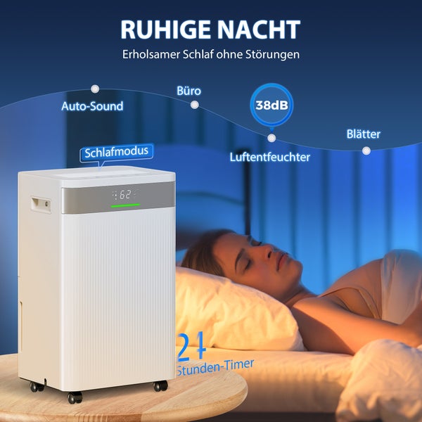 Mobiler Luftentfeuchter im Schlafzimmer mit Schlafmodus, 38 Dezibel Geräuschpegel und 24 Stunden Timer.