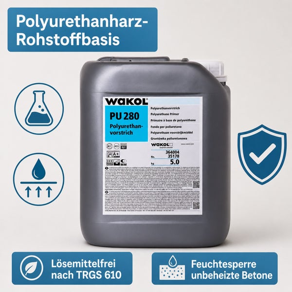 Wakol PU 280 Polyurethanvorstrich im 5 Kilogramm Kanister als Grundierung und Feuchtigkeitssperre für unbewehrte Estriche und Betonböden.