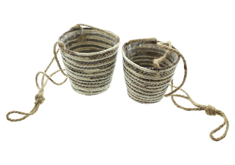 Dekoleidenschaft 2x Blumenampel Flora aus Seegras & Maisstroh, Ø 15 & 17 cm, Pflanzenampel, Hängeampel, Dekohänger für Innen, Übertopf, Hängeblumentopf