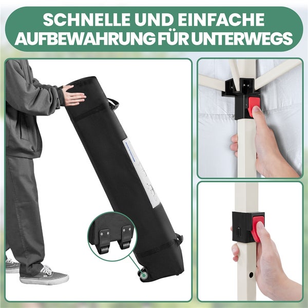 Schwarze Tragetasche mit Rollen für einen Pavillon, eine Person zieht die Tasche. Detailansichten des Klick-Systems am Rahmen.