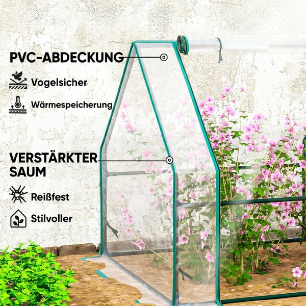 Folientunnel für Pflanzen mit PVC Abdeckung, verstärktem Saum, vogelsicher, wärmespeichernd und reißfest.