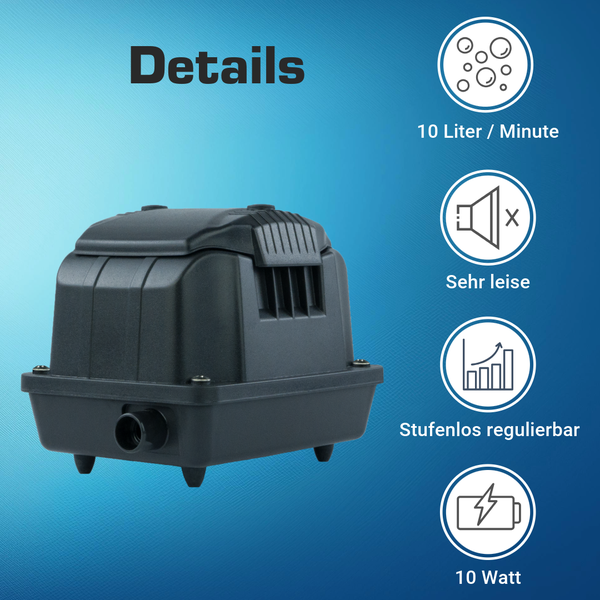 Teichbelüfter mit 10 Liter pro Minute Luftleistung, sehr leiser Betrieb, stufenlos regulierbar und 10 Watt Leistung.