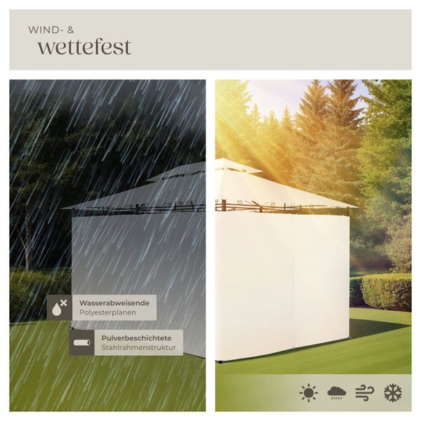 Wind- und wetterfestes Pavillon mit wasserabweisenden Polyesterplanen und pulverbeschichteter Stahlrahmenstruktur im Garten