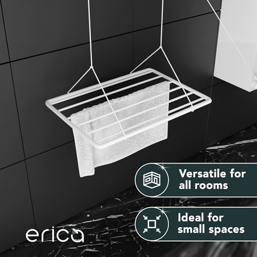 Erica Eric Wäscheständer Decke 120x50cm, Hängender Wäschetrockner mit 9,6 Metern Trocknungsoberfläche, Vertikal Zusammenklappbar 2.5 Meter, Metall mit PVC-freier Kunststoffbeschichtung, Weiß