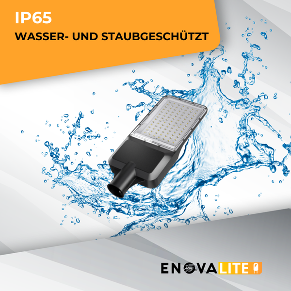Straßenlampe, wasser- und staubgeschützt, mit EnovaLite Logo