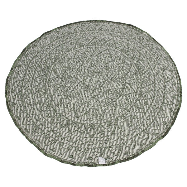 Webteppich mit kreisförmigem Mandala-Muster und geometrischen Details.