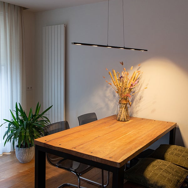 Esszimmer mit Holztisch, Stühlen, Hängelampe und Dekorationen