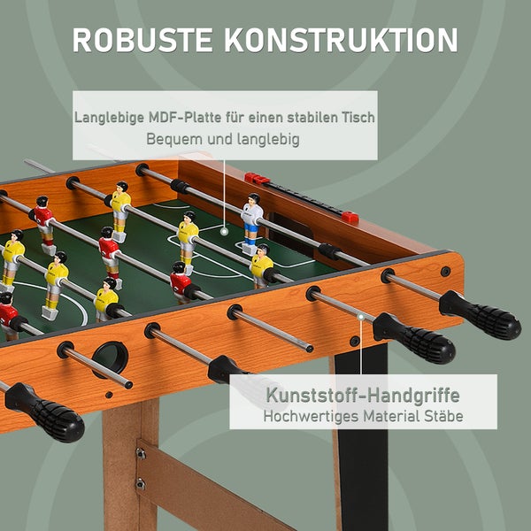 Stabiler Kickertisch aus robuster Holzfaserplatte mit hochwertigen Stahlstangen und ergonomischen Kunststoff-Handgriffen.