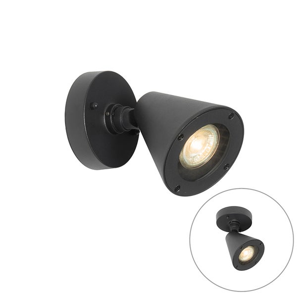 Schwarzer Wandspot aus Metall mit verstellbarem kegelförmigem Leuchtenkopf und runder Halterung.