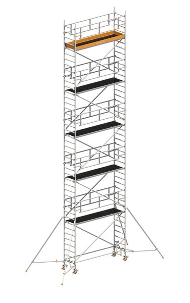 Layher Fahrgerüst mit mehreren Arbeitsplattformen und Stützbeinen