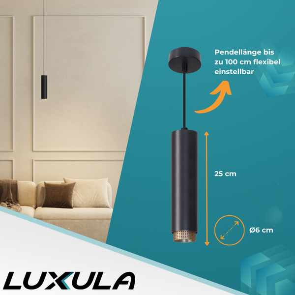 Abgehängte Lampe mit einer Länge von 25 cm und einem Durchmesser von 6 cm, Pendellänge bis zu 100 cm flexibel einstellbar.