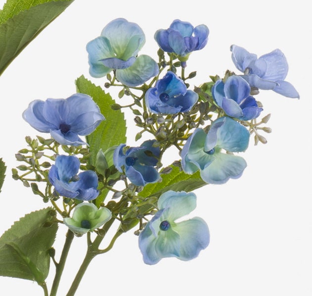 Künstlicher Hortensienzweig mit blauen und hellgrünen Blüten sowie grünen Blättern.