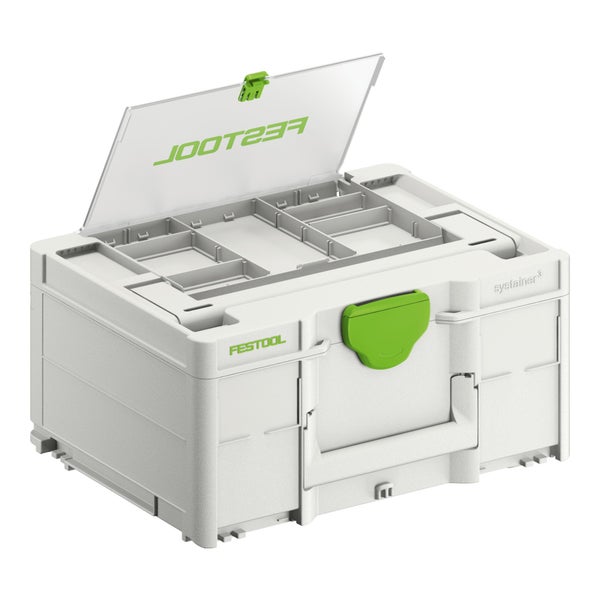 Festool Systainer³ Organizer mit transparentem Deckel und variablen Einsatzboxen zur übersichtlichen Aufbewahrung von Kleinteilen.