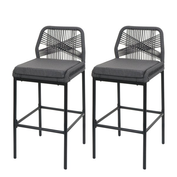 Zwei Barhocker mit Rückenlehne und Fußstütze