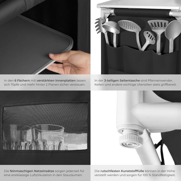 Detailansichten eines Camping Küchenschranks: Ablagefächer, Seitentaschen für Utensilien, Netzfächer für Luftzirkulation und verstellbare Füße.